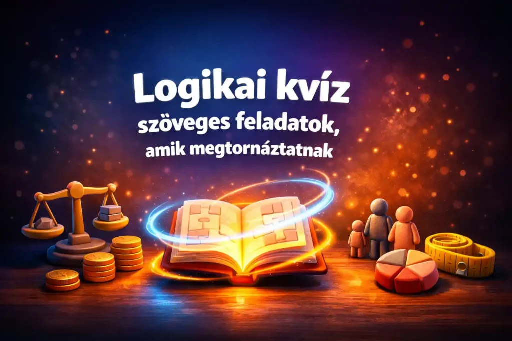 Logikai kvíz szöveges feladatok témájú hero kép, fénylő puzzle-könyvvel és logikai ikonokkal.
