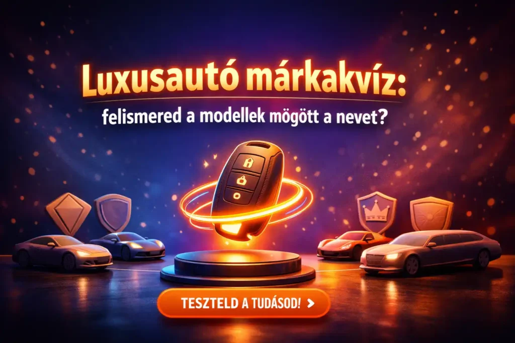 Luxusautó márkakvíz borítókép, glowing kulcs és absztrakt prémium autó-sziluettek clay stílusban.