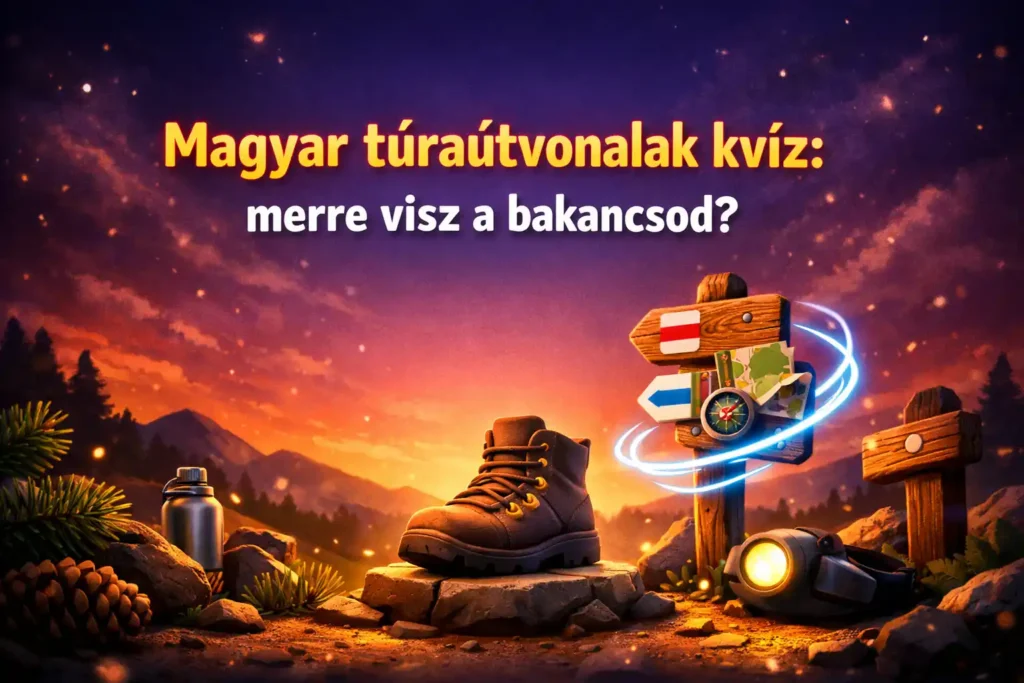 Hegyi hangulatú hero illusztráció túrabakanccsal, turistajelzéssel és térképpel a „magyar túraútvonalak kvíz” témájához.