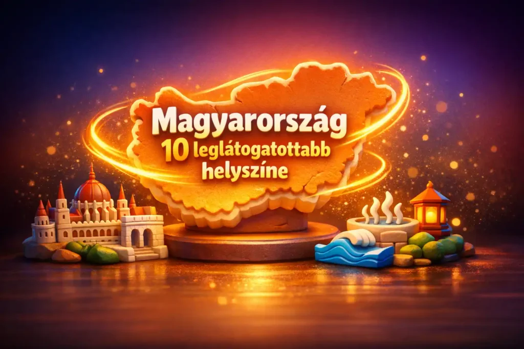 Magyarország 10 leglátogatottabb helyszíne kvíz borítóképe, ikonikus magyar látnivalókkal és utazós hangulattal.