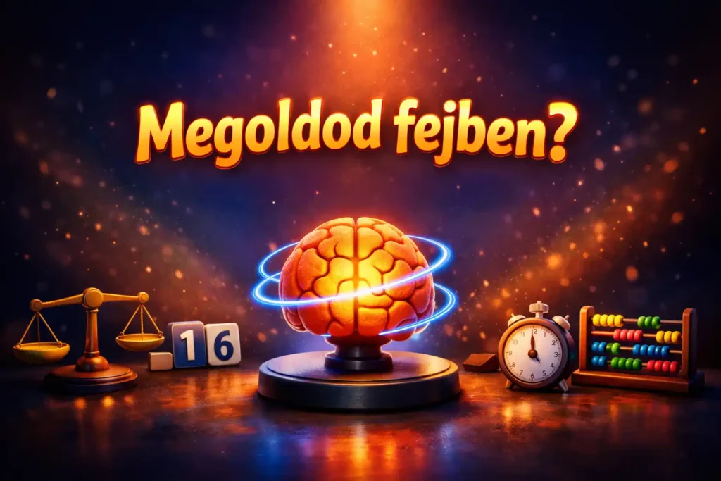 Levezetős logikai kvíz hero kép: izzó agy-puzzle központi elem, körben matekos-logikai kellékek, tiszta középső szöveghellyel.