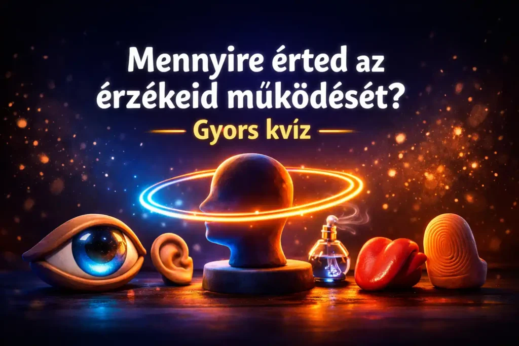 Színes, látványos illusztráció az érzékszervekről; érzékszervek kvíz borítókép, középen a „Mennyire érted az érzékeid működését?” felirattal.