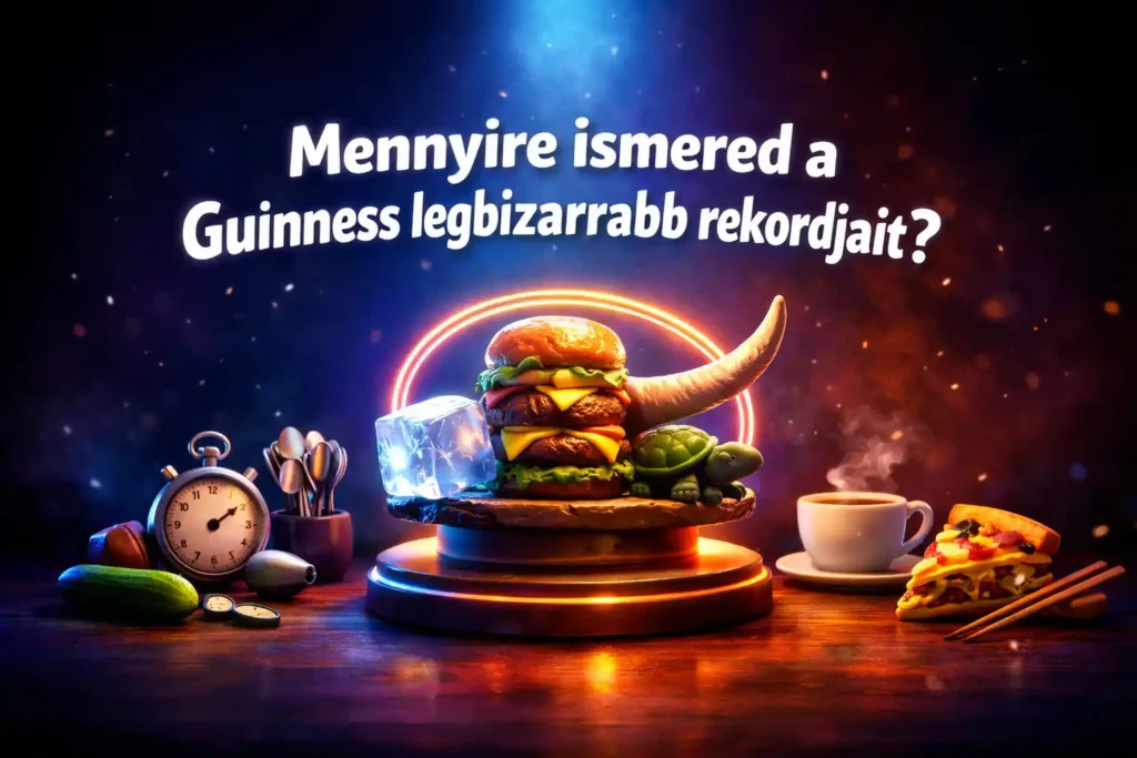 Guinness rekordok kvíz borítókép bizarr világrekordokkal: jég, óriás burger, teknős és furcsa trófea a középpontban.