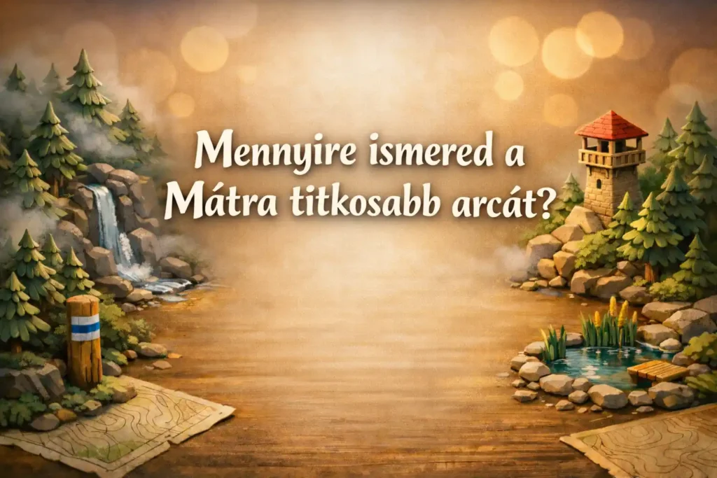 Mátra kvíz borítókép erdei hangulattal, kilátóval és túrajelzésekkel.