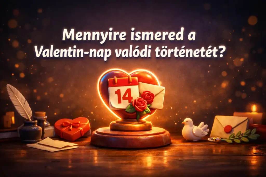 Alternatív szöveg: Valentin-nap története kvíz hero kép: agyag stílusú trófea naptárlappal, levélpecséttel és rózsajellel, sötét háttéren.