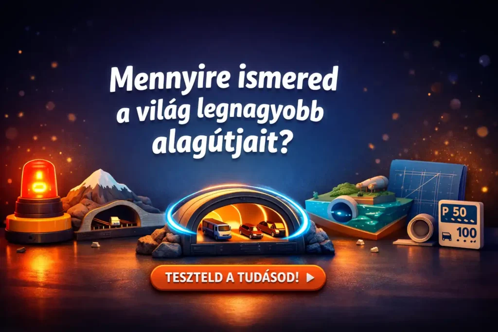 Mérnöki hangulatú illusztráció a világ legnagyobb alagútjai kvízhez, középen fénylő alagútmodellel.