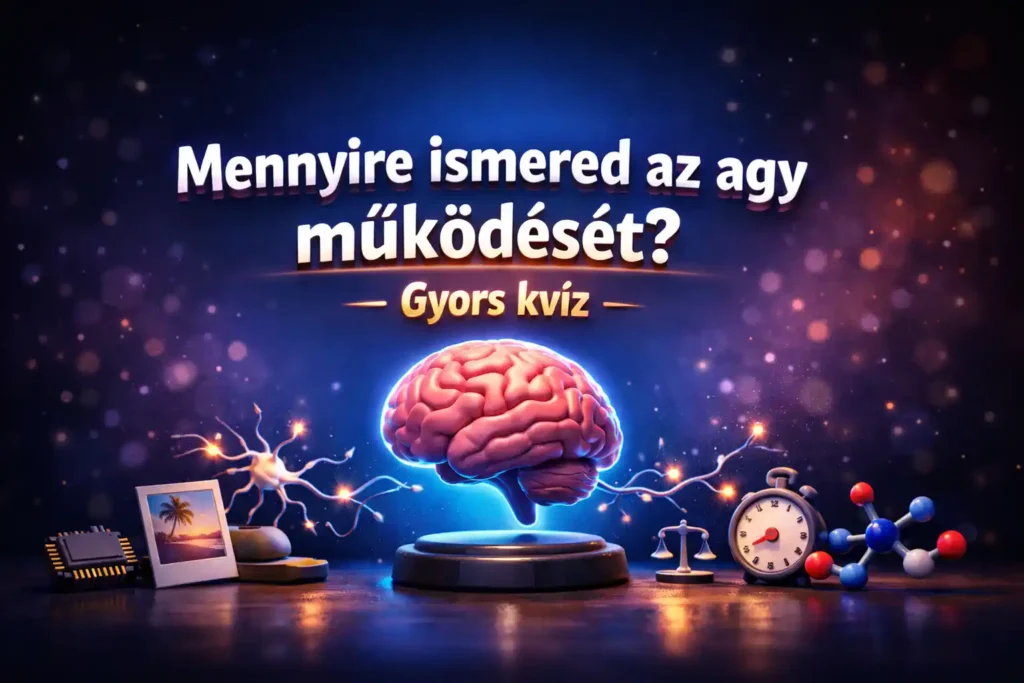 Fényes, látványos hero illusztráció lebegő agymodellel és neuron-motívumokkal a „Mennyire ismered az agy működését?” gyors kvízhez.