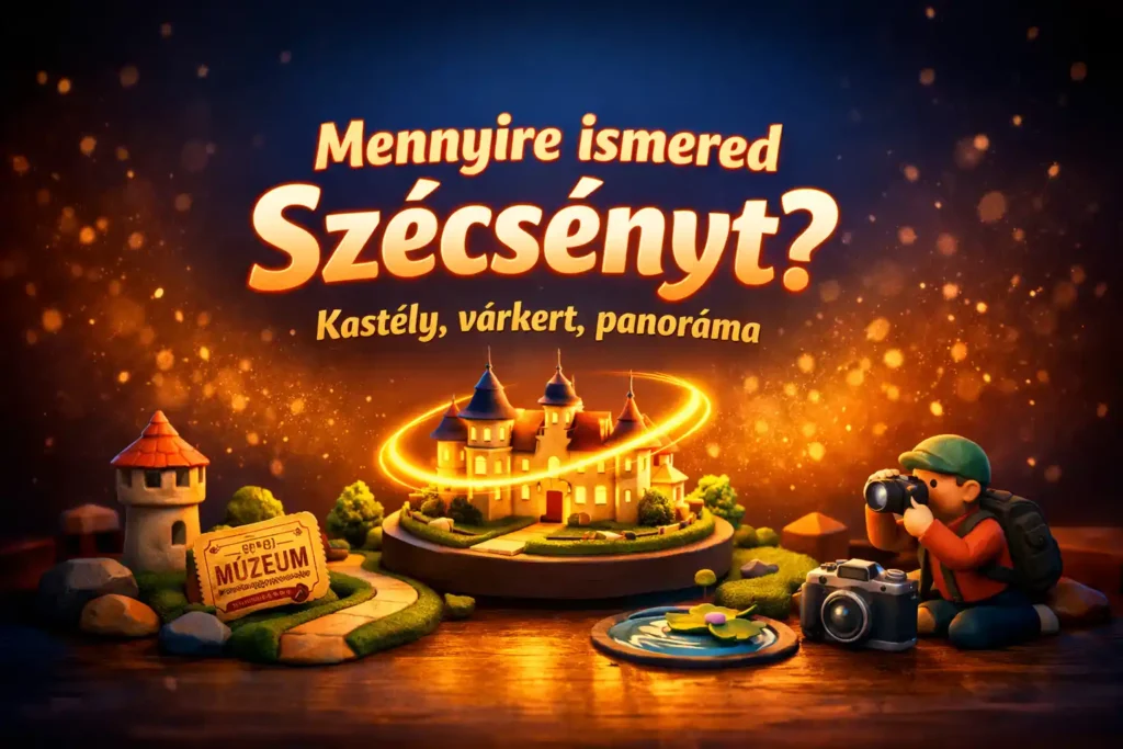 Szécsény kvíz hero kép barokk kastéllyal, várkerti hangulattal és panoráma-utalással.