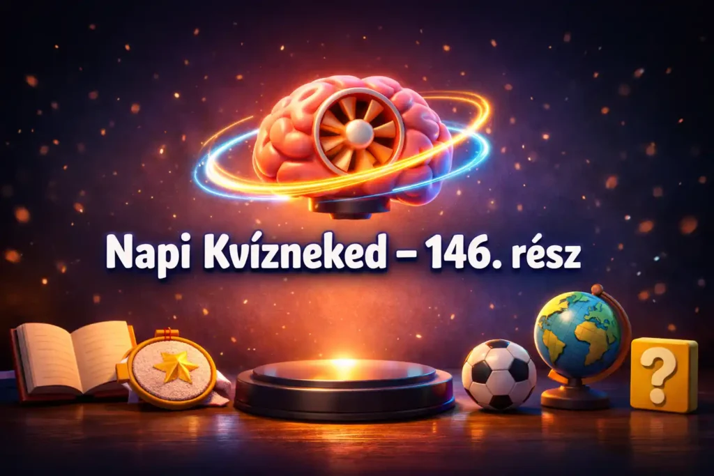 Vegyes kvíz hero kép „Napi Kvízneked – 146. rész” felirattal, agy-turbó laborjelenetben.