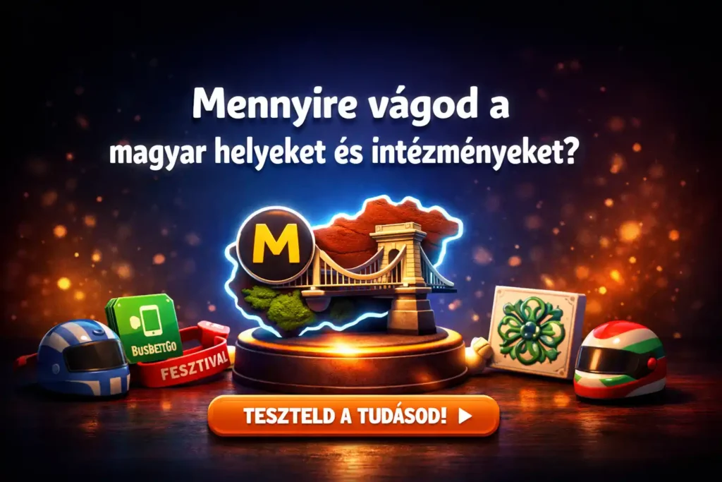 Magyar helyek kvíz borítókép térképes trófeával, közlekedési és városos utalásokkal.