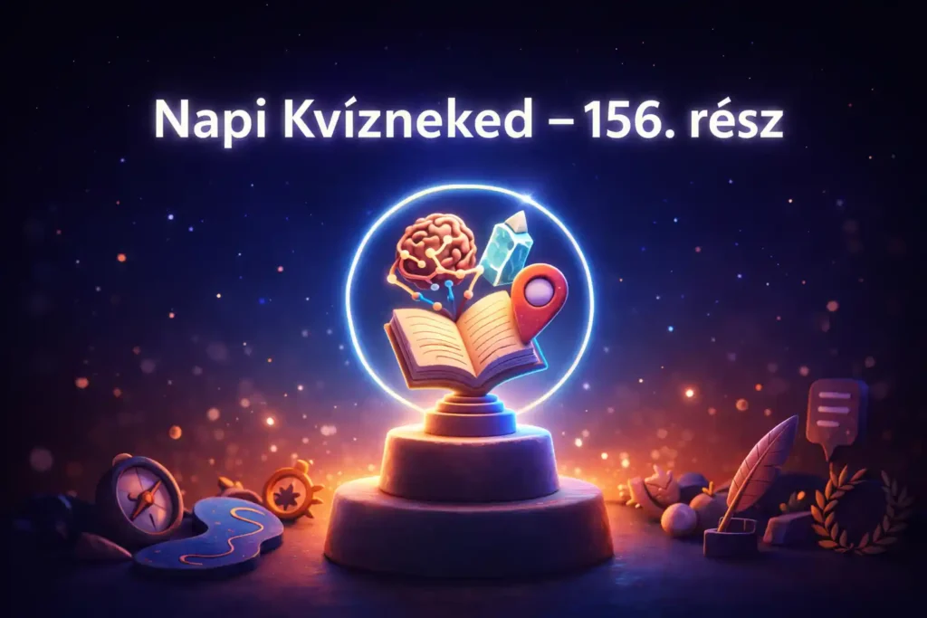 Napi kvíz hero kép: vegyes műveltségi trófea agy, könyv, térkép és kő szimbólumokkal, „Napi Kvízneked – 156. rész” felirattal.