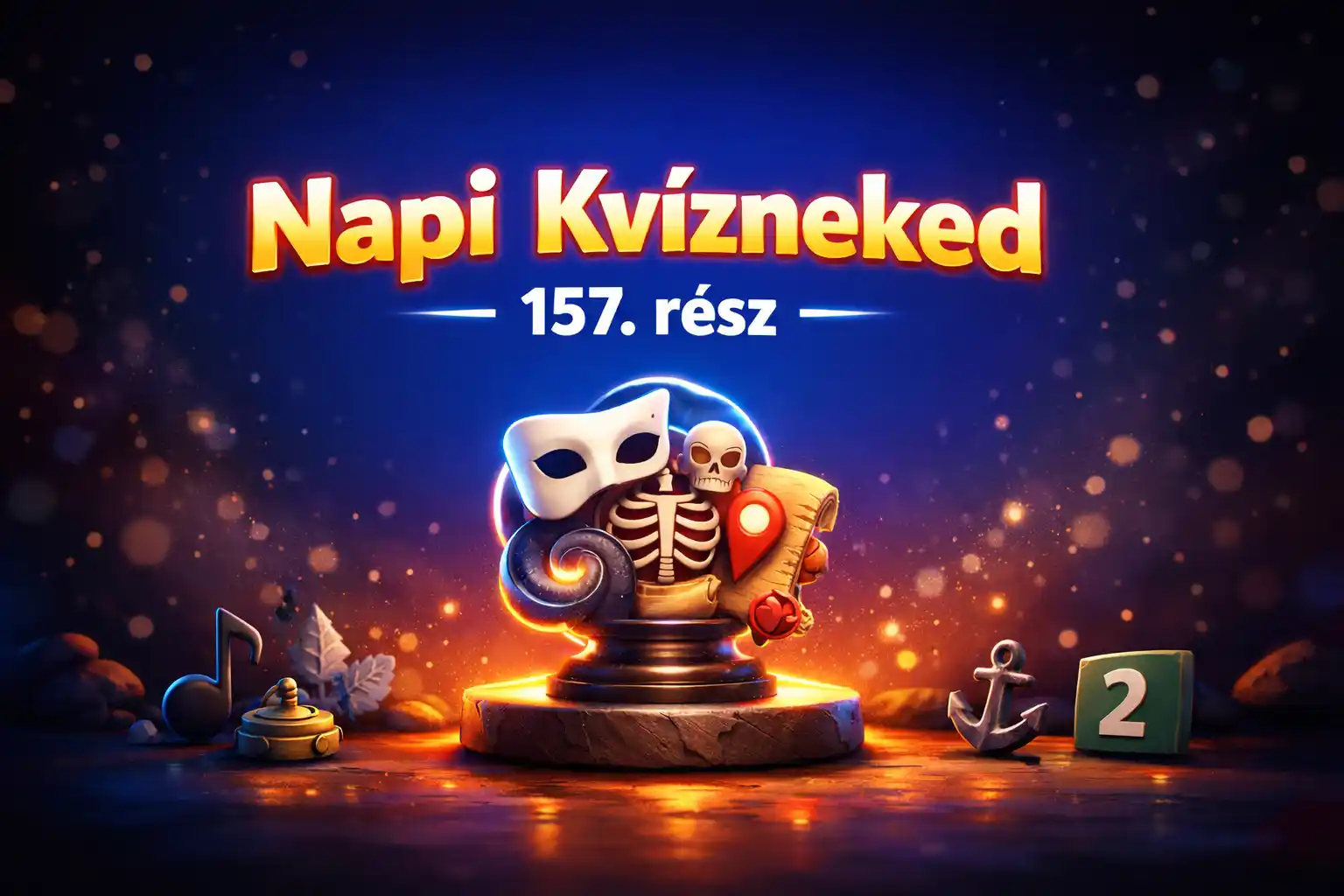 Napi kvíz 157. rész hero kép vegyes tudáspróbához, opera- és galaxis-motívumokkal egy látványos asztali jelenetben.