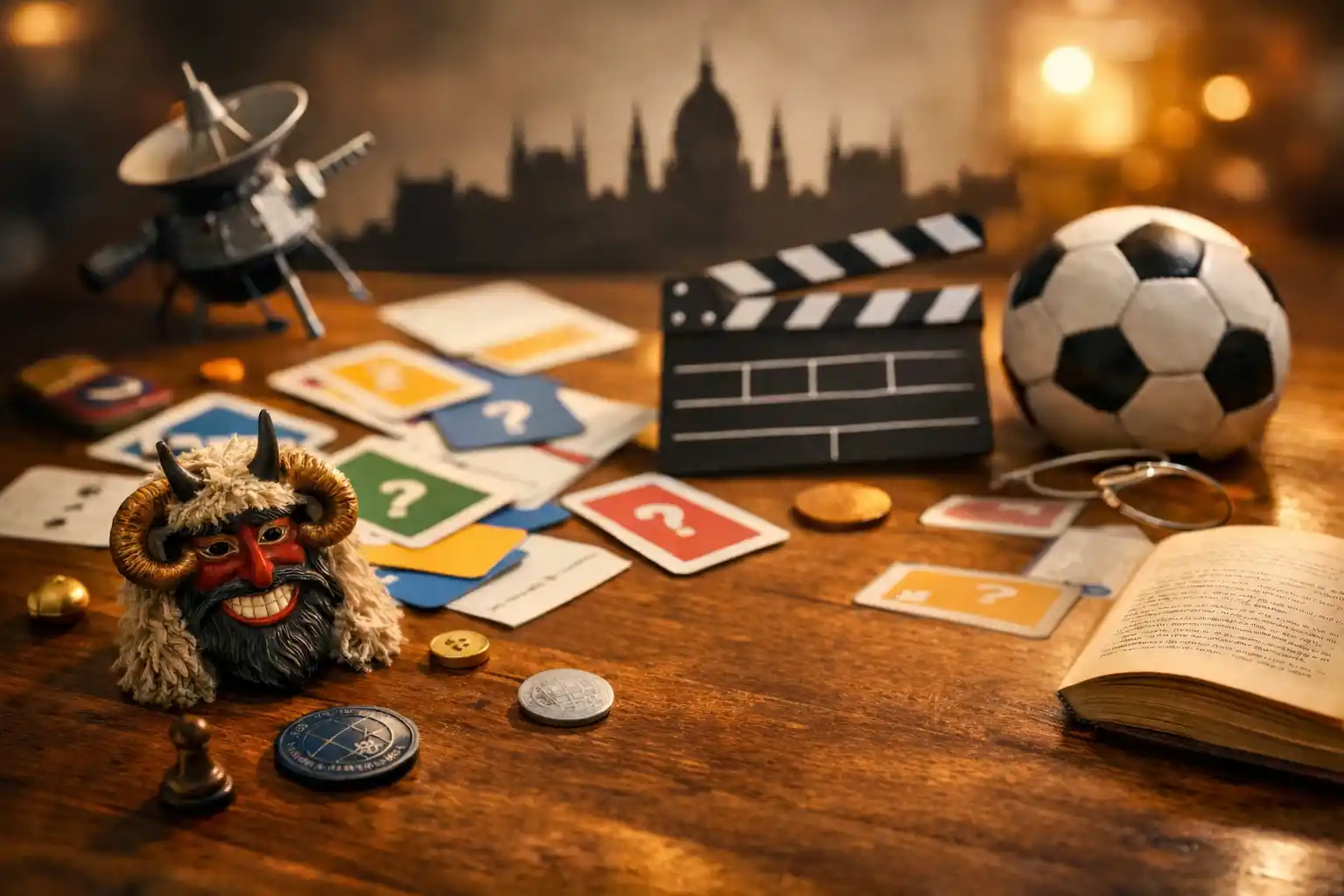 Kvízestés asztali jelenet kártyákkal és busó maszkkal