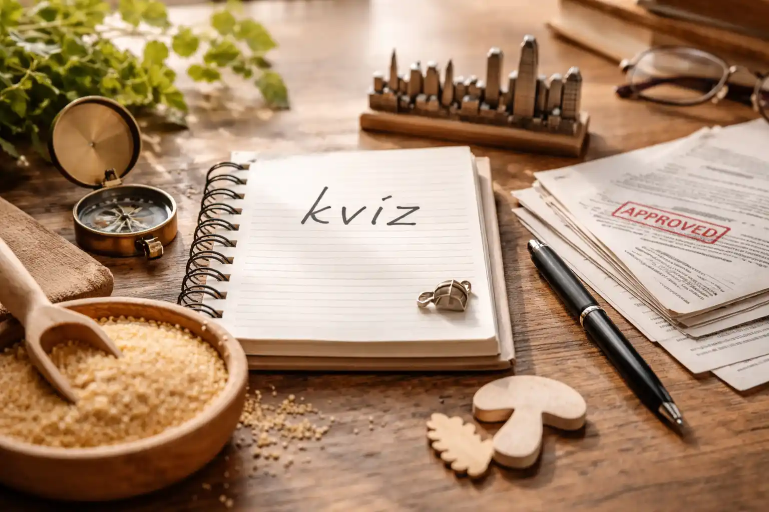 Vegyes napi kvíz témájú asztali jelenet tárgyakkal