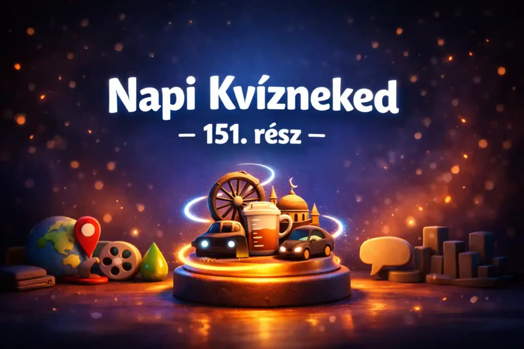 Vegyes kvíz hero kép éjszakai clay stílusban, fénylő kvíz-dobogóval és ikonokkal a Napi Kvízneked 151. részhez.