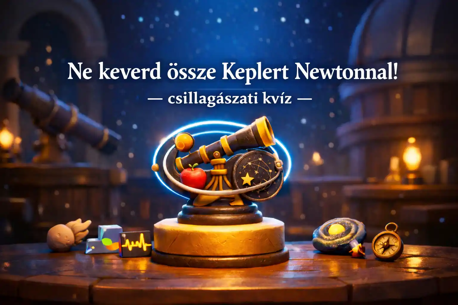 Ne keverd össze Keplert Newtonnal csillagászat kvíz – hero kép teleszkóppal, bolygópályával és gravitációs utalással.