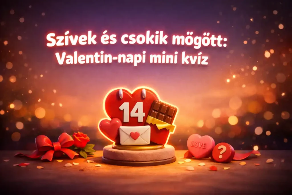 Valentin-napi mini kvíz hero kép szíves-naptáras, csokis trófeával, agyagos 3D stílusban.