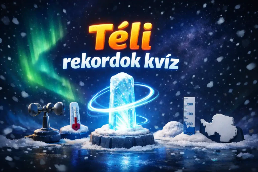 Téli rekordok kvíz hero kép: jégmag-mintával, hó- és hidegrekordokat idéző ikonokkal, sarkifényes hangulatban.