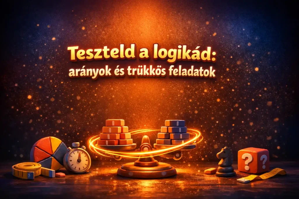 Logikai kvíz borítókép arányokkal és trükkös feladatokkal, mérleg és agytorna hangulatban.