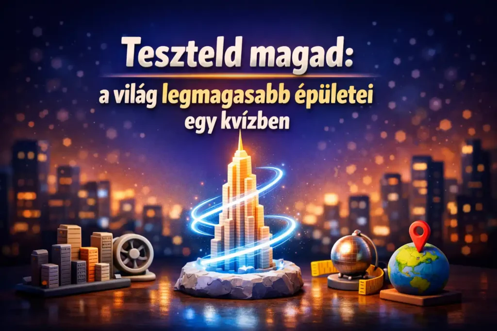 3D clay stílusú hero kép egy ragyogó felhőkarcoló-monolittal, a világ legmagasabb épületei kvíz témájához.