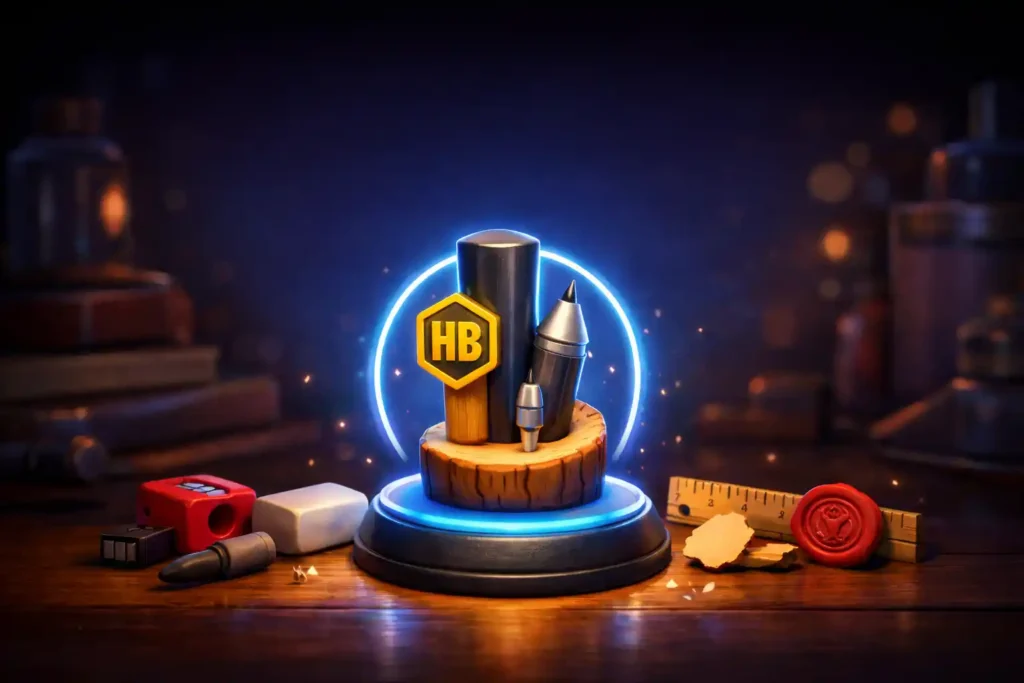 Ceruzás kvíz hero kép: grafit, HB jelölés, mechanikus ceruza és rajzos kellékek egy asztali jelenetben.