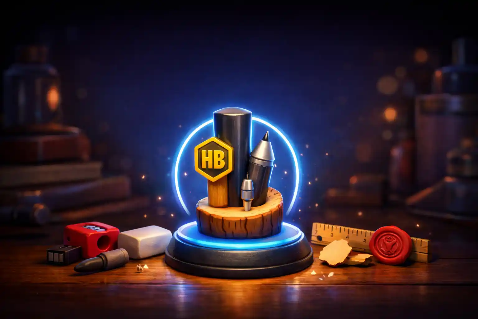 Ceruzás kvíz hero kép: grafit, HB jelölés, mechanikus ceruza és rajzos kellékek egy asztali jelenetben.