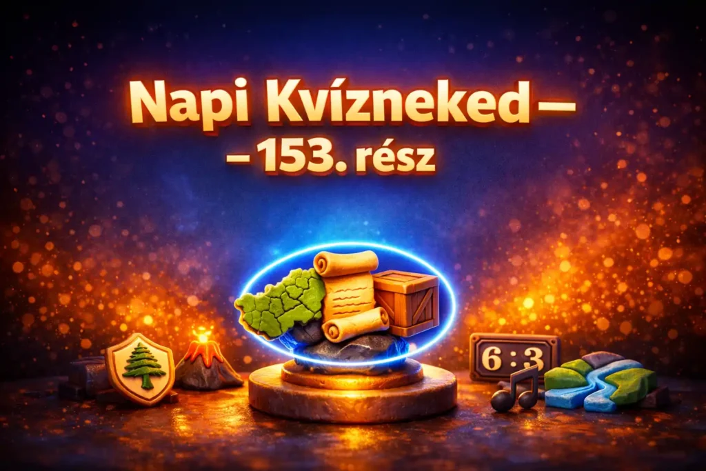 Színes, 3D clay stílusú hero kép a Napi Kvízneked 153. részhez, vegyes témájú ikonokkal és tiszta szöveghellyel.