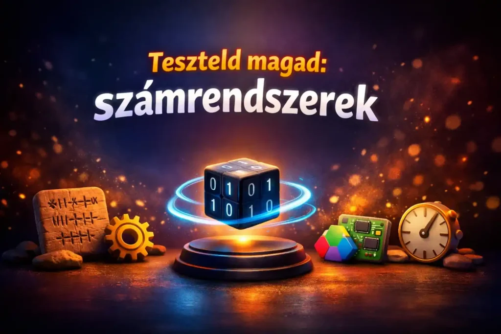 Színes hero illusztráció számrendszerek kvíz témában, bináris kockával és technika–történelem utalásokkal.