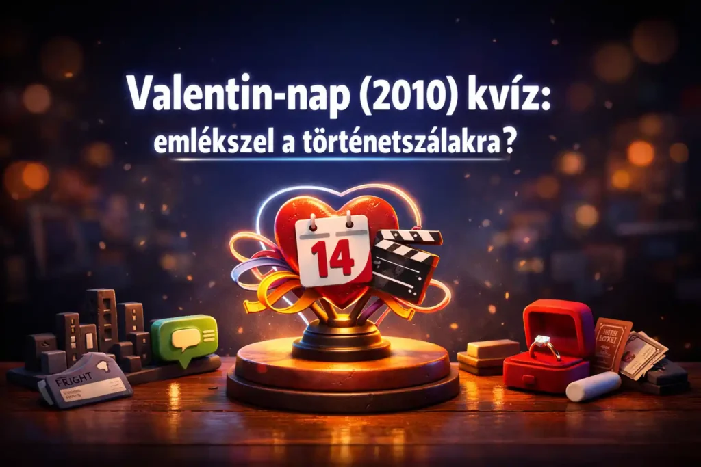 Valentin-nap (2010) kvíz hero kép mozaikos romantikus történetszálakkal és filmes kellékekkel.