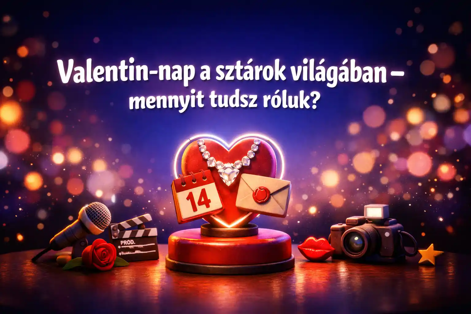 Valentin-nap a sztárok világában – mennyit tudsz róluk? 1 Valentin-nap kvíz: sztárok romantikus gesztusai és ikonikus ajándékai egy látványos, clay stílusú hero képen.