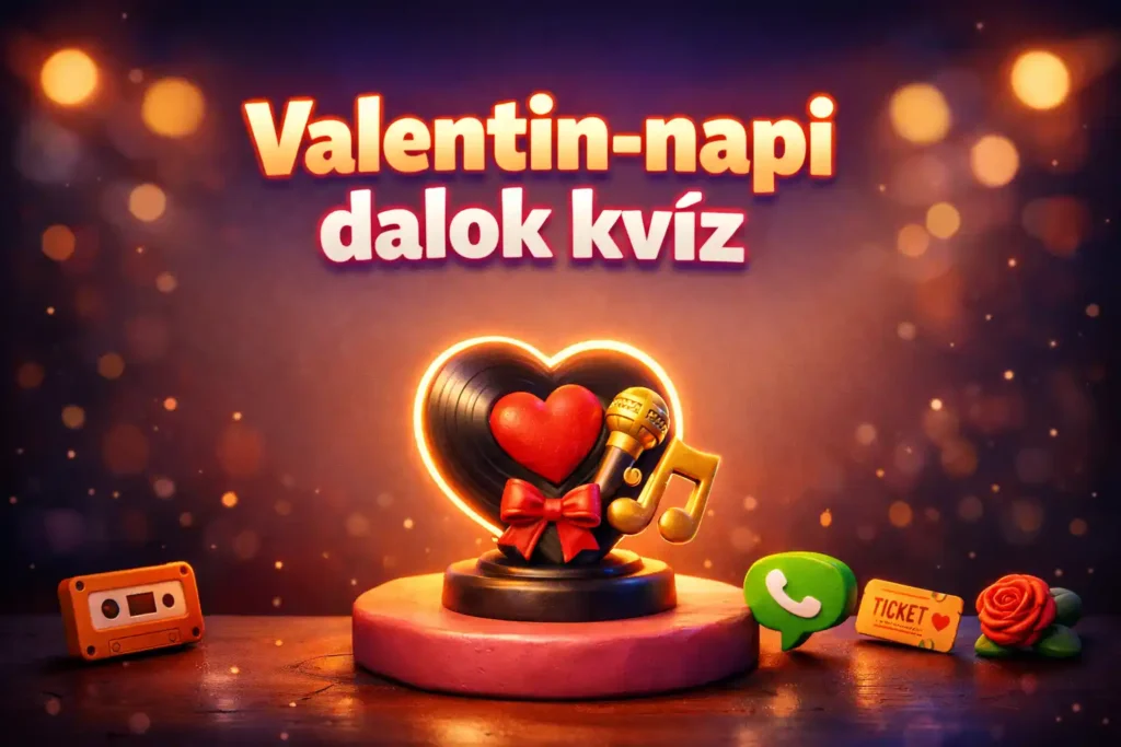 Valentin-napi dalok kvíz hero kép lemezjátszóval és mikrofonnal, romantikus zenei hangulatban.