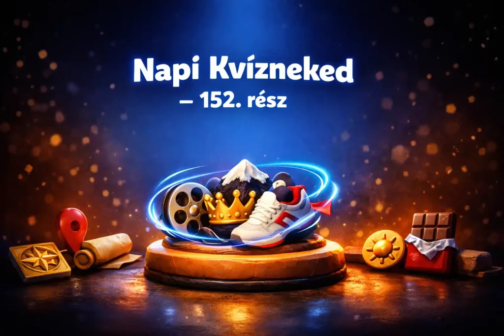 Napi vegyes kvíz hero kép: film, történelem, földrajz és sport jelképei egy látványos, középen szabad felirathellyel.