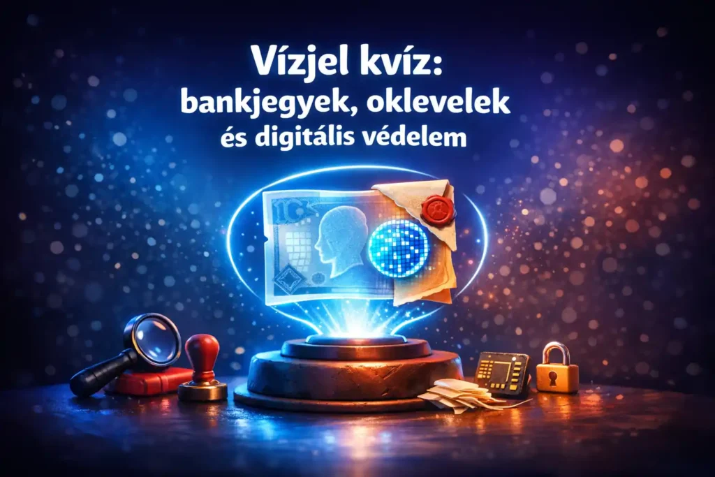 Vízjel kvíz hero kép bankjegy- és oklevélmotívummal, digitális védelem hologramos elemmel.
