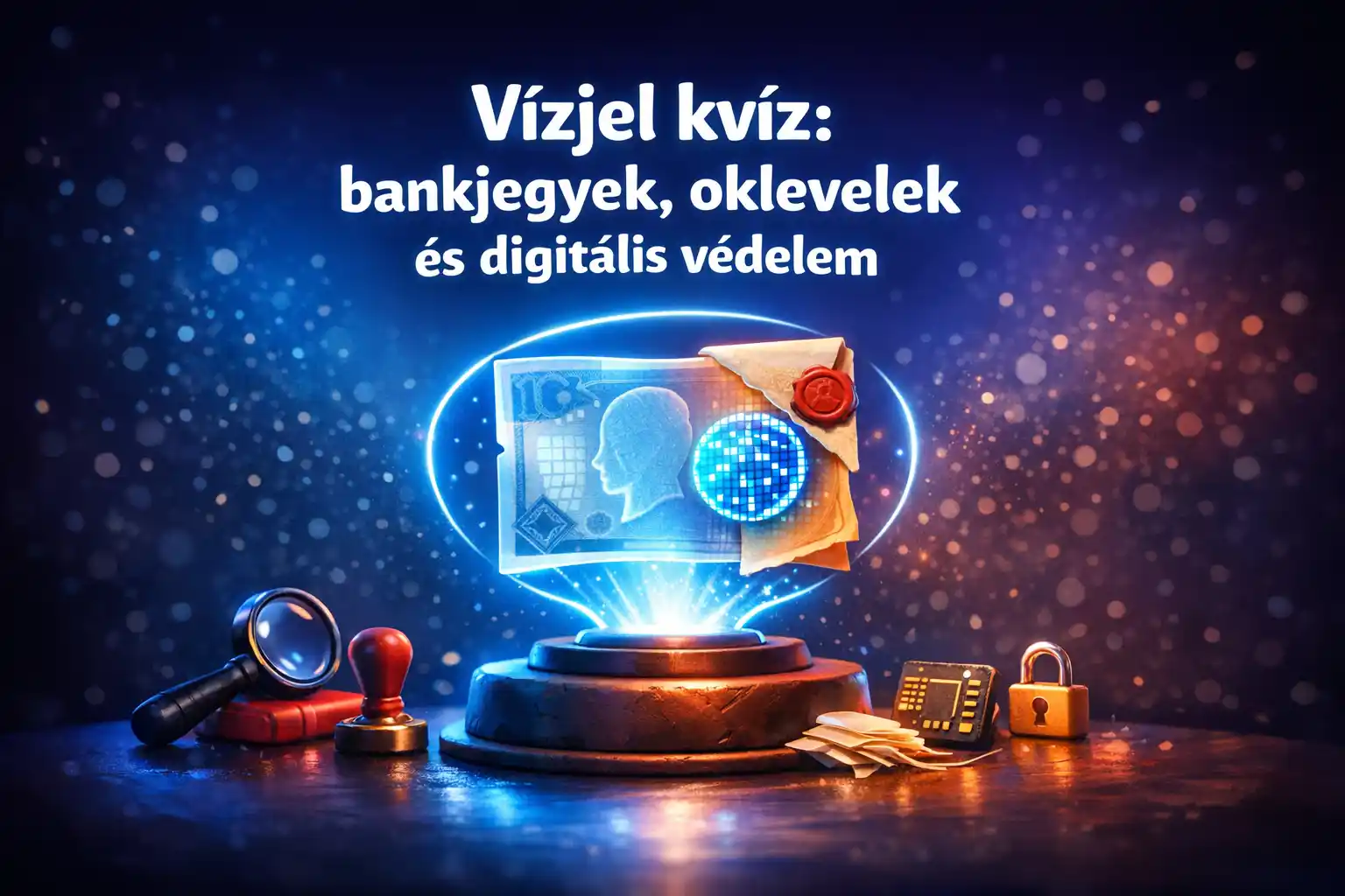 Vízjel kvíz: bankjegyek, oklevelek és digitális védelem 1 Vízjel kvíz hero kép bankjegy- és oklevélmotívummal, digitális védelem hologramos elemmel.
