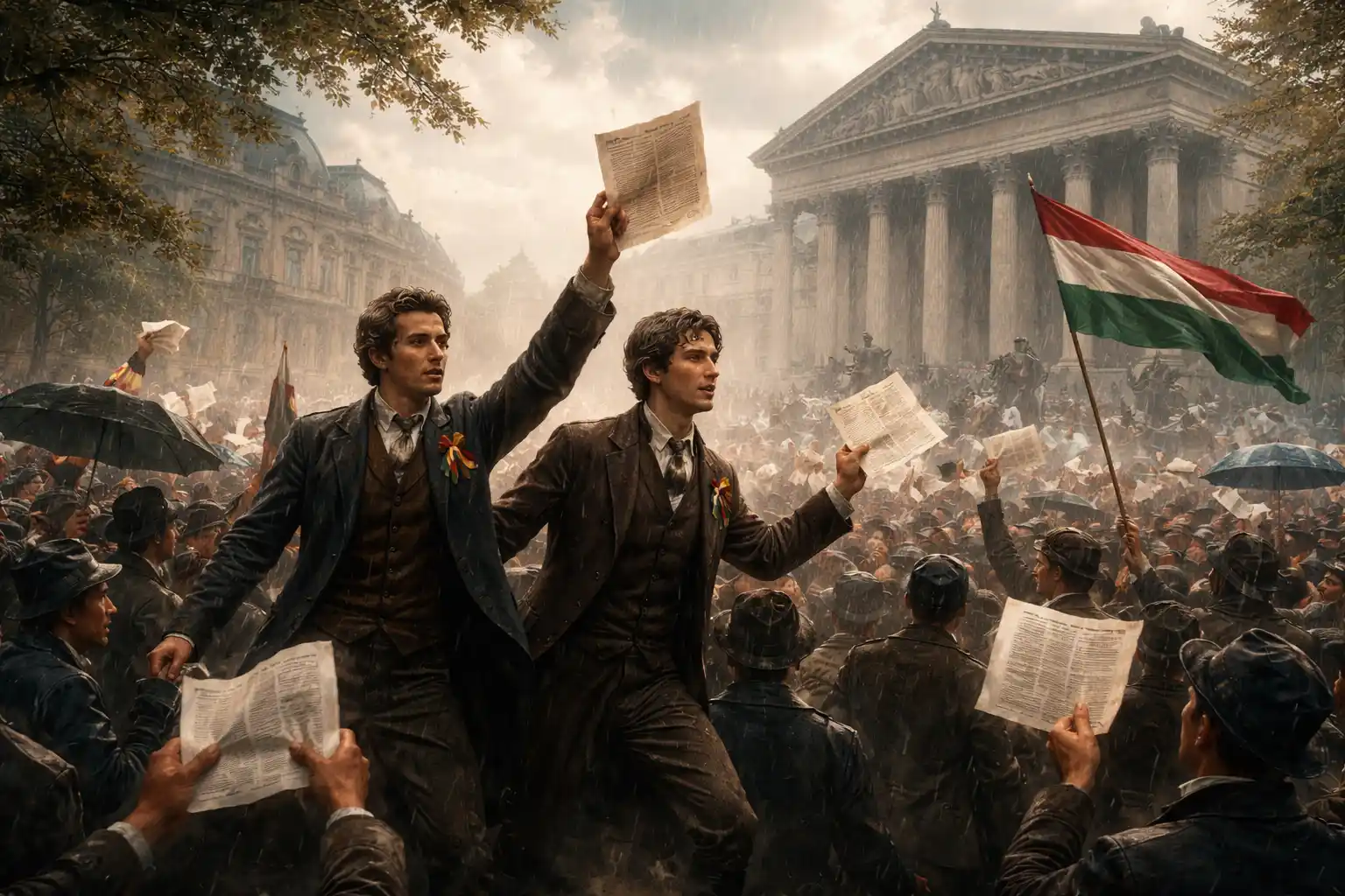 Forradalmi tömeg történelmi városi téren, március 15. kvíz