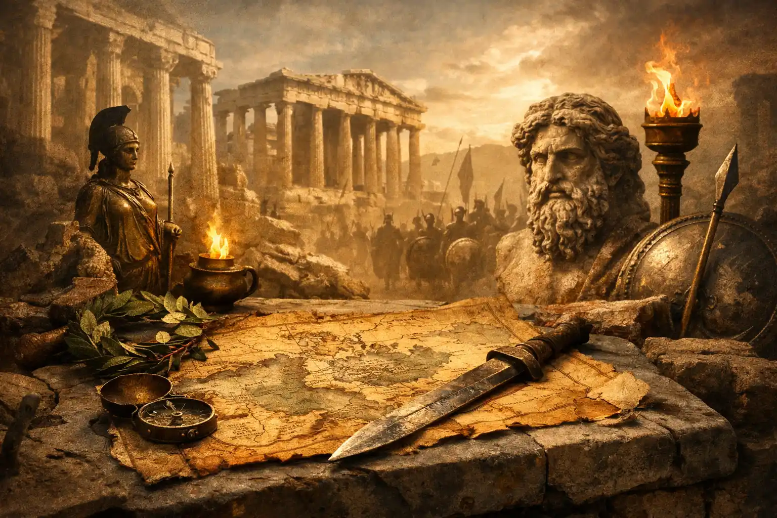 Ókori romok és pergamen térkép egy történelmi kvízhez