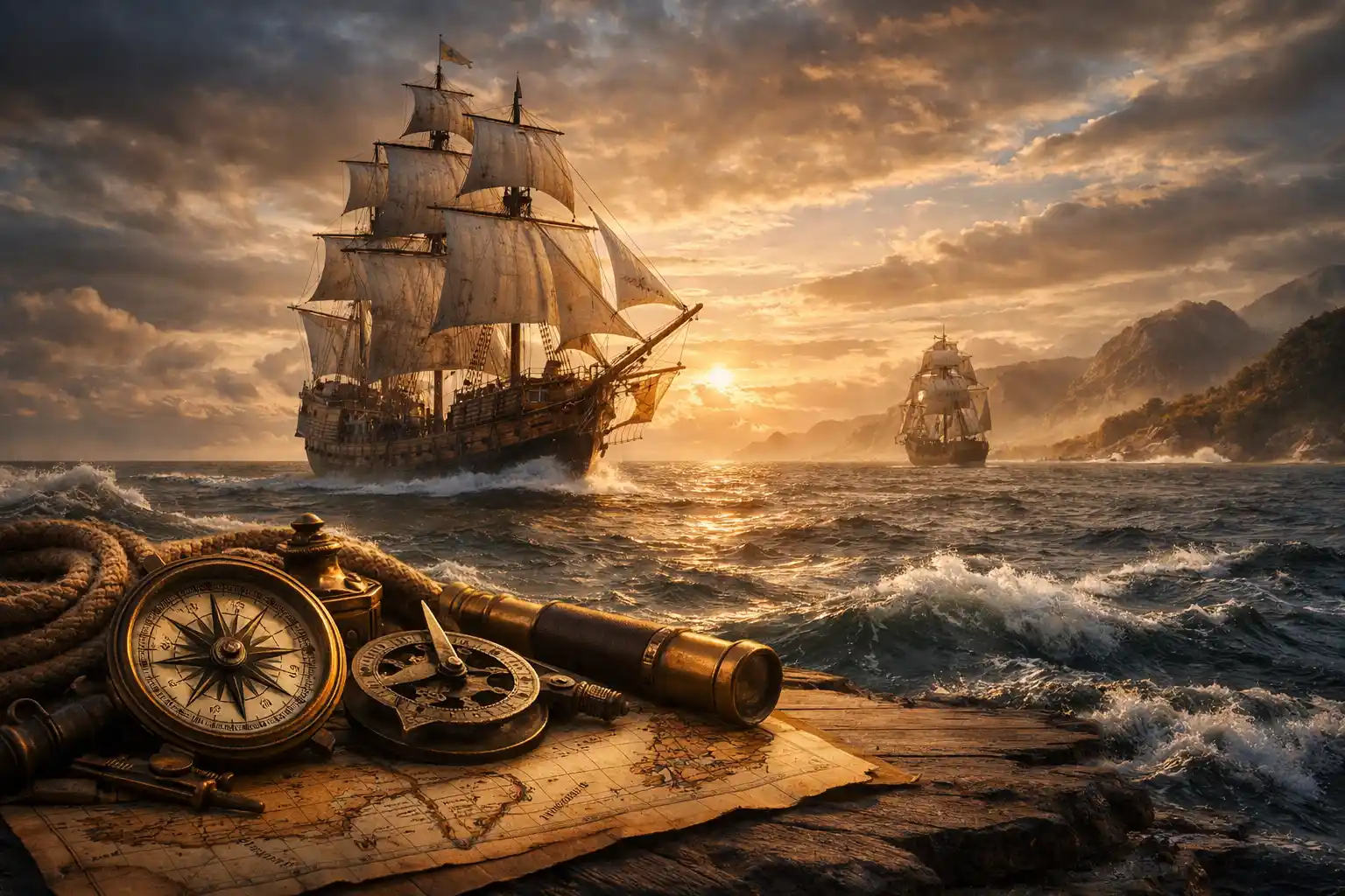 Hajó, térkép és távoli part a felfedezők kvíz témájához