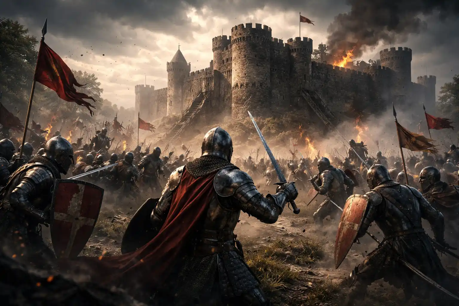 Páncélos harcosok és várfal középkori háborúk témában