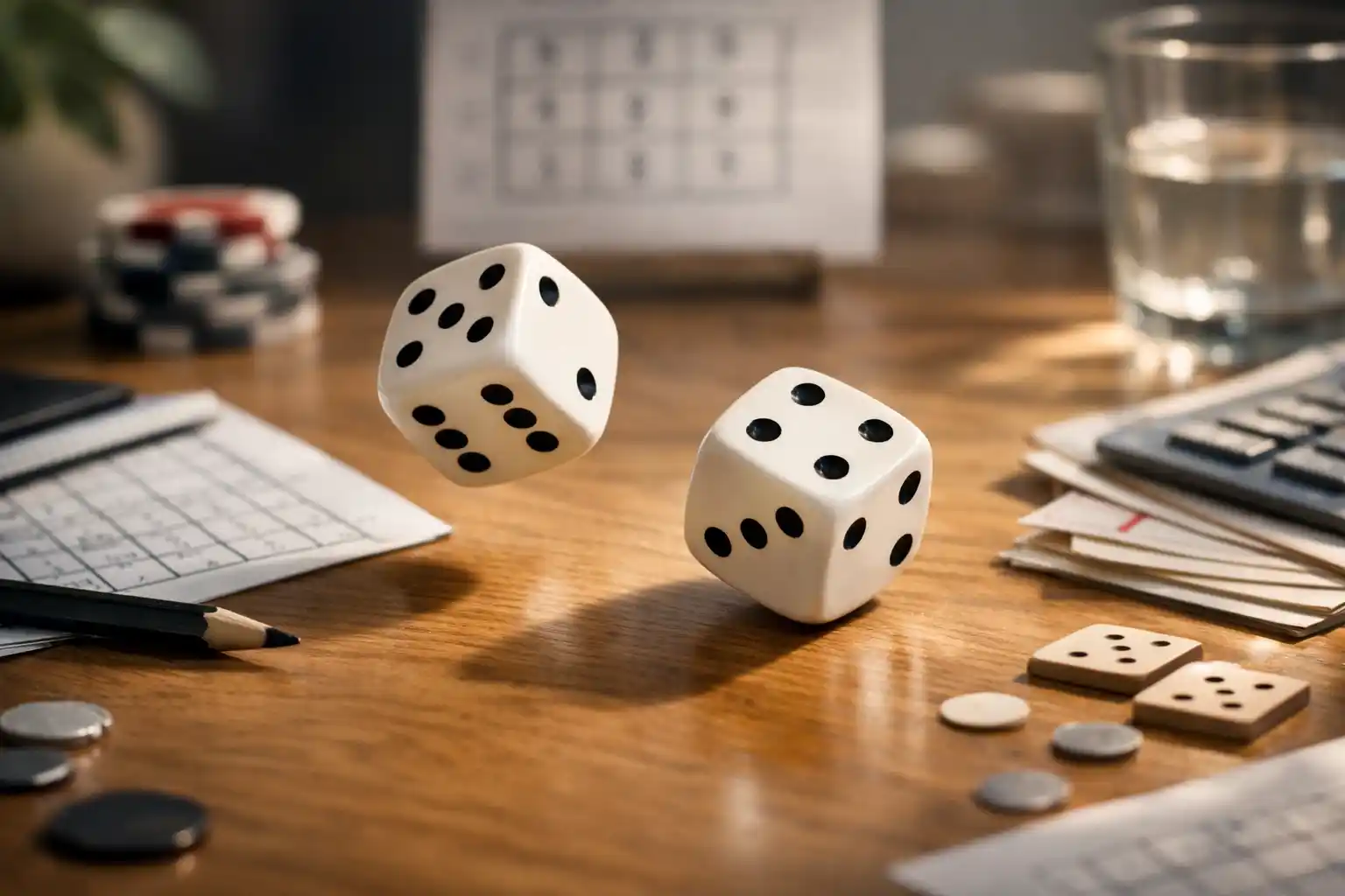 Két dobókocka asztalon, valószínűség kvíz