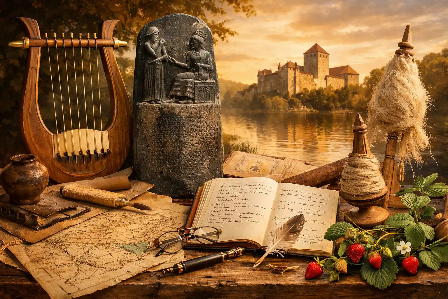 Vegyes műveltségi kvíz hero kép tárgyakkal és várral