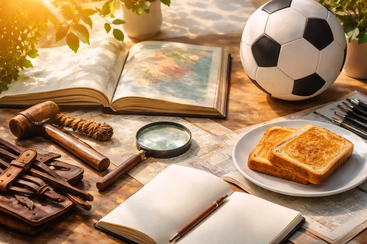 Vegyes témájú kvíz hero kép tárgyakkal és tudásmotívumokkal