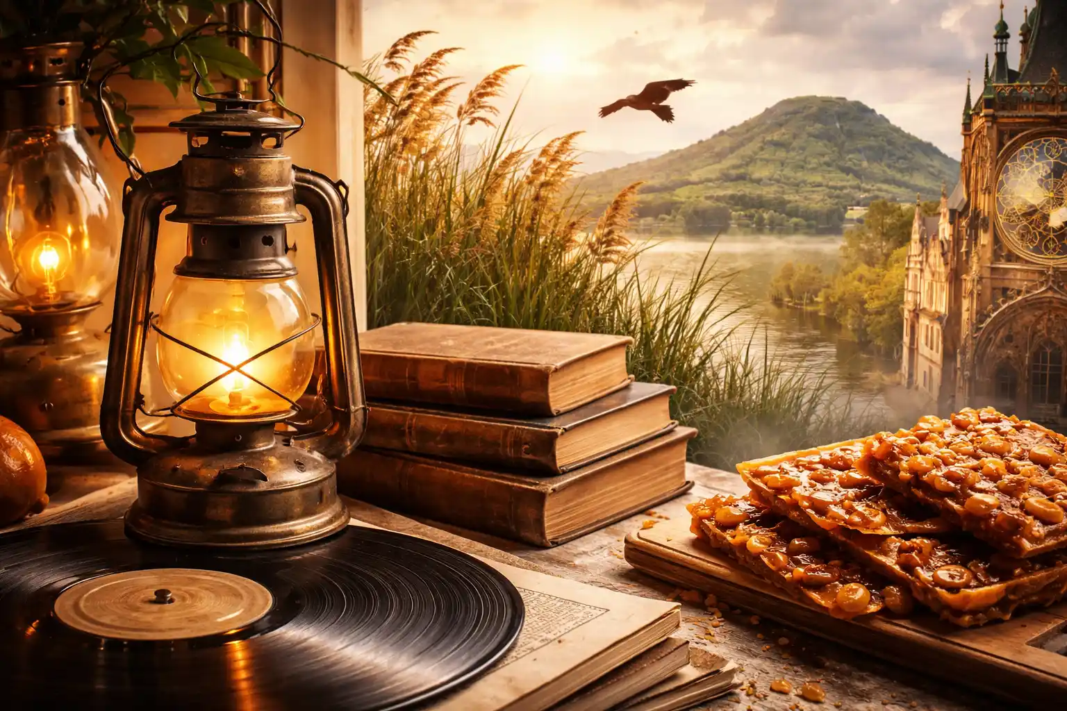 Vegyes kvízhez készült hangulatkép könyvekkel, lámpával és természeti elemekkel