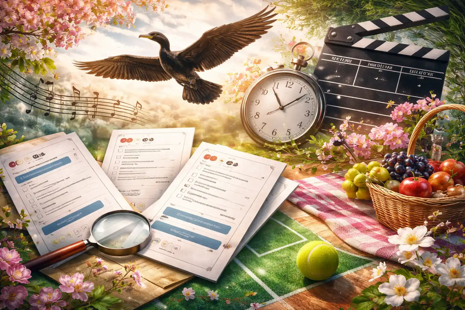 Vegyes műveltségi kvíz hangulatkép kulturális és sportos elemekkel