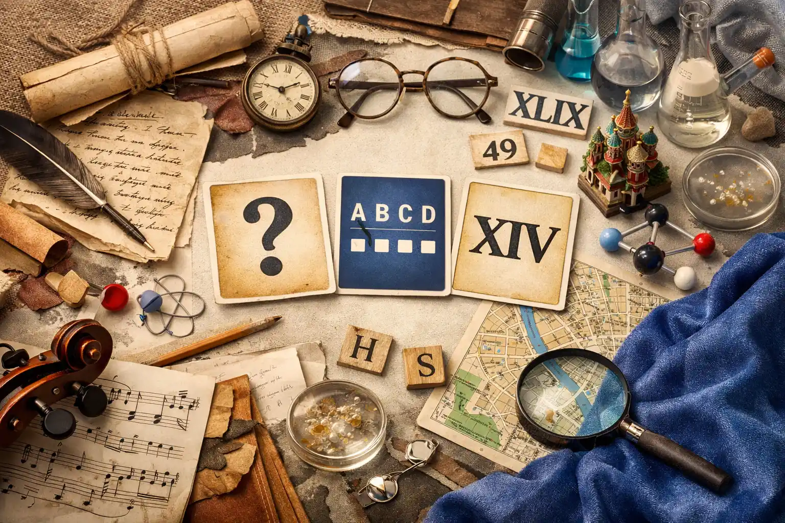 Kvízkártyák és vegyes műveltségi témák hangulati képe