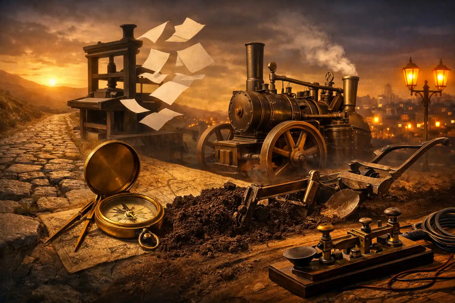 Történelmi találmányokat jelképező tárgyak kollázsa
