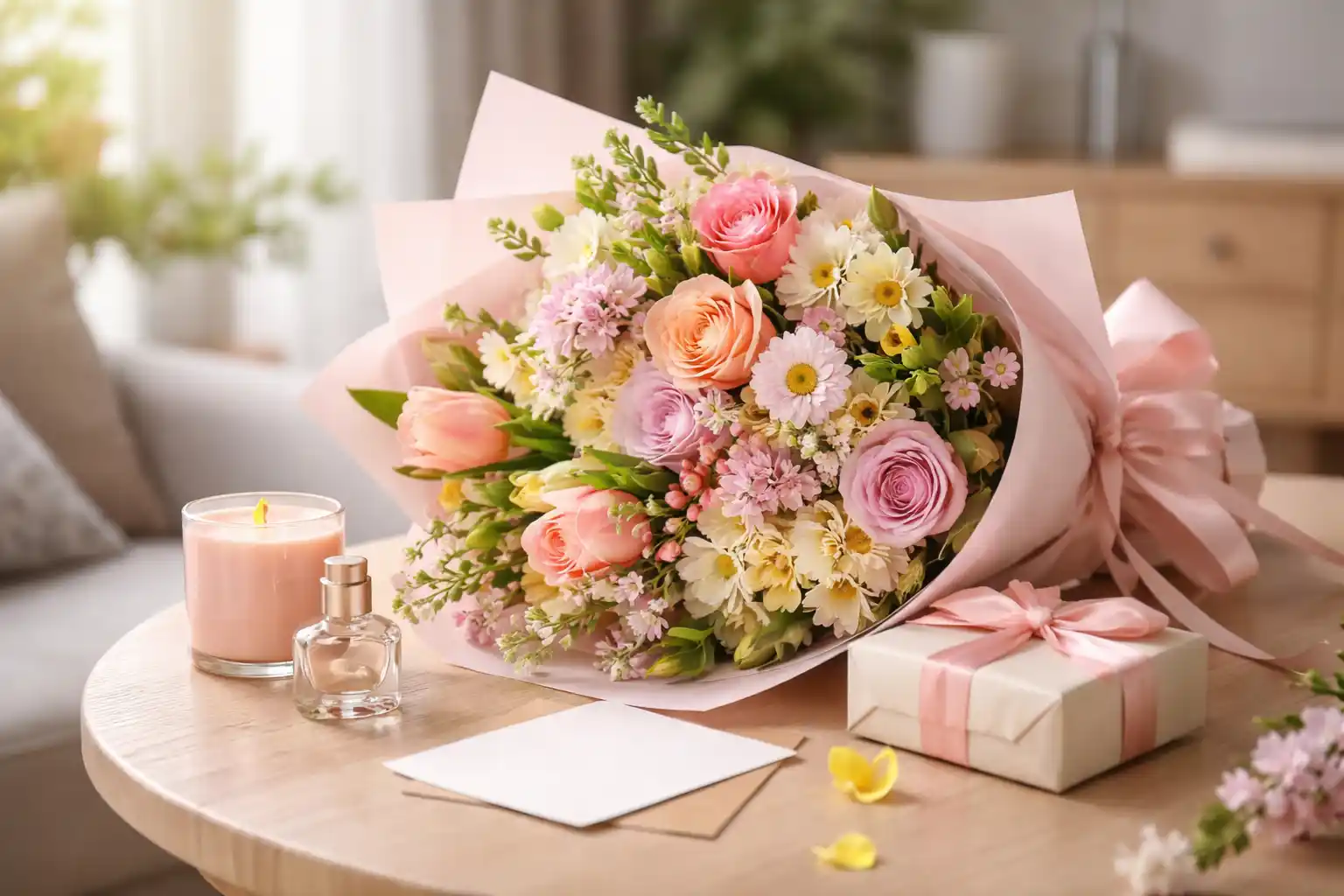 Virágcsokor és ajándék az asztalon nőnap témában