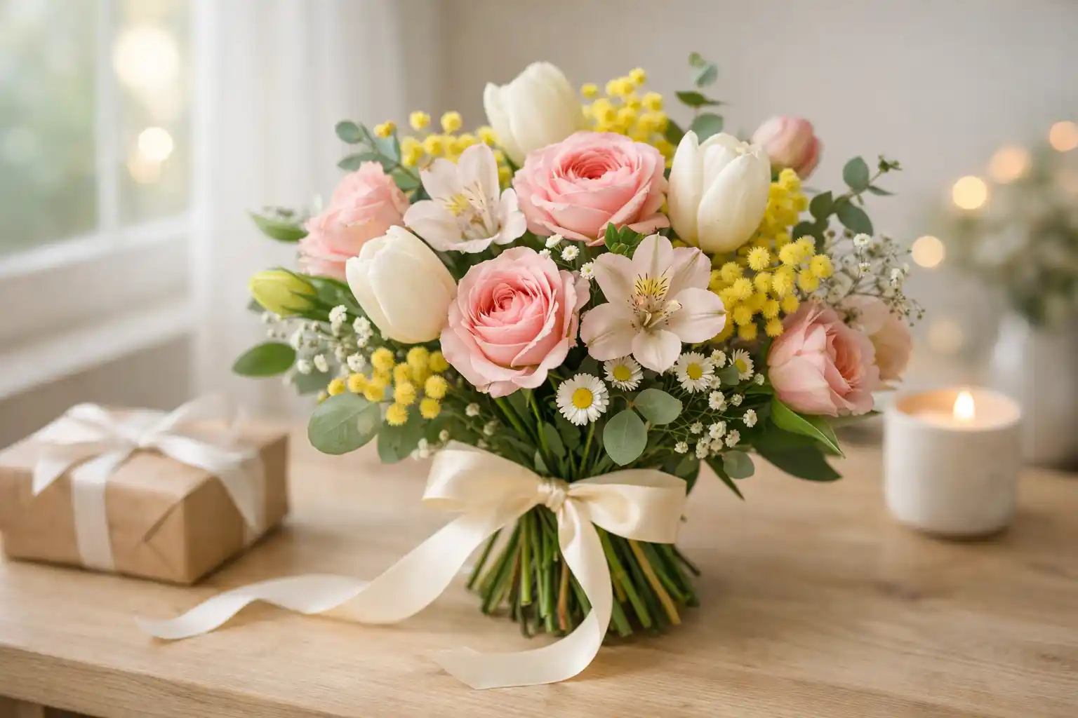 Tavaszi nőnapi virágcsokor asztalon