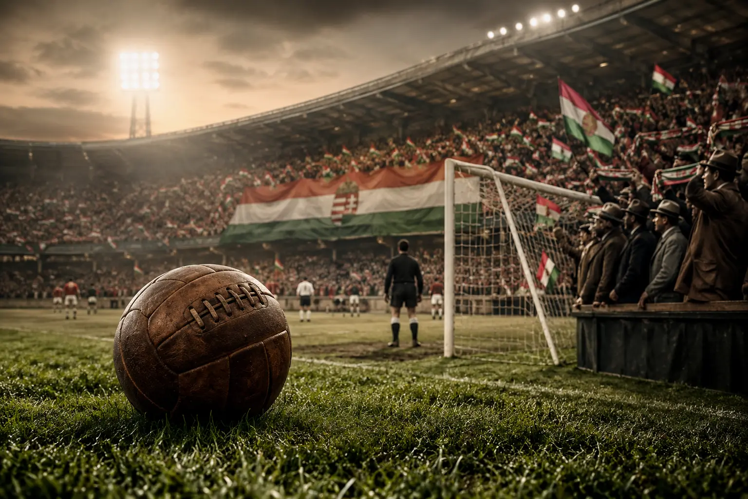 Magyar Foci Történelem 1 Magyar foci történet kvíz hangulati képe egy retro futballpályán