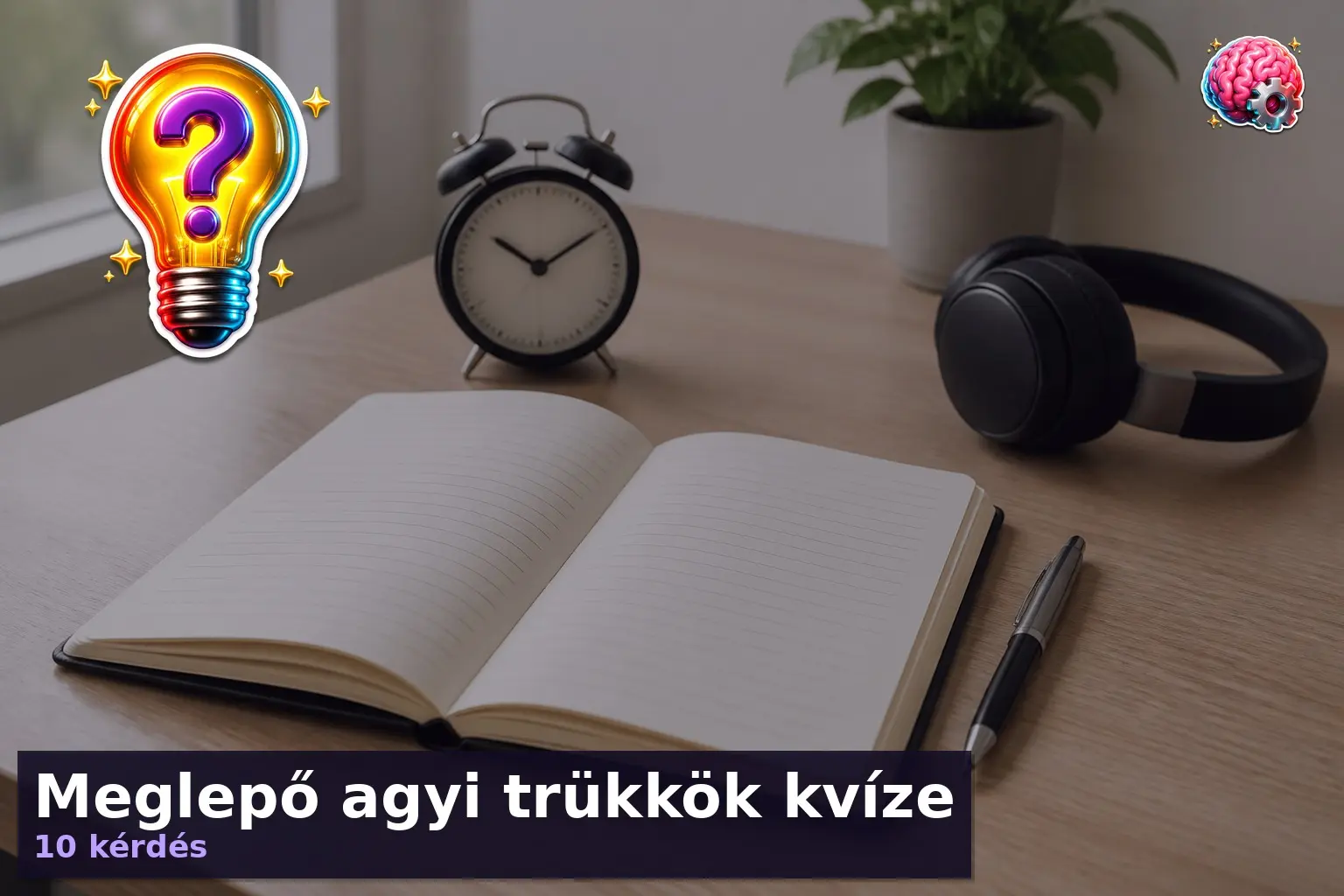 Agyi trükkök kvíz témájú tanulós asztali jelenet