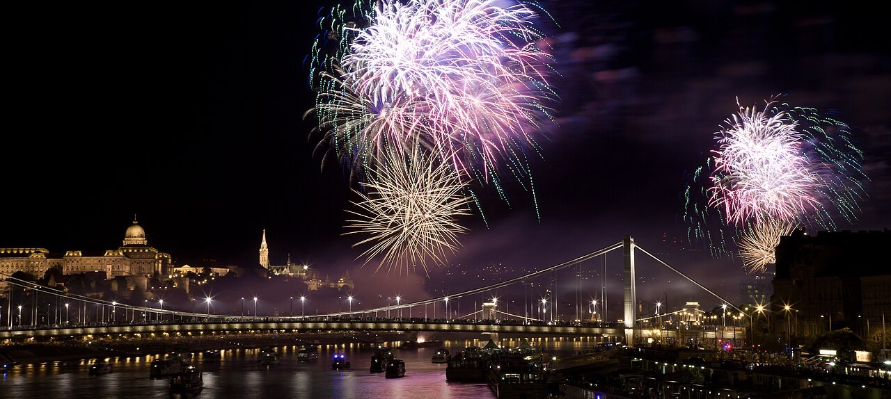 Fireworks over the Danube River in Budapest